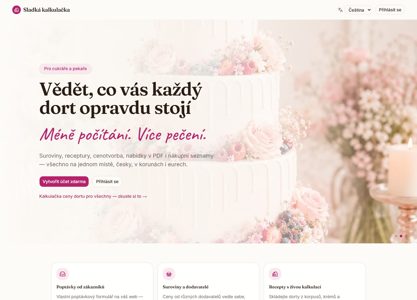 Skutečný náhled webu Sladká kalkulačka