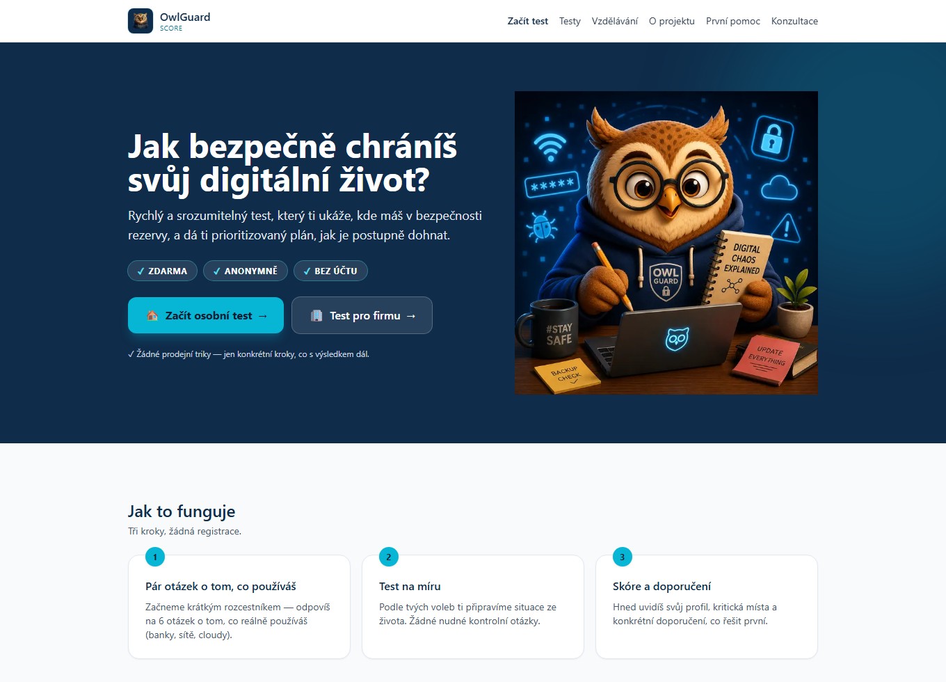 Skutečný náhled bezpečnostního testu OwlGuard Score